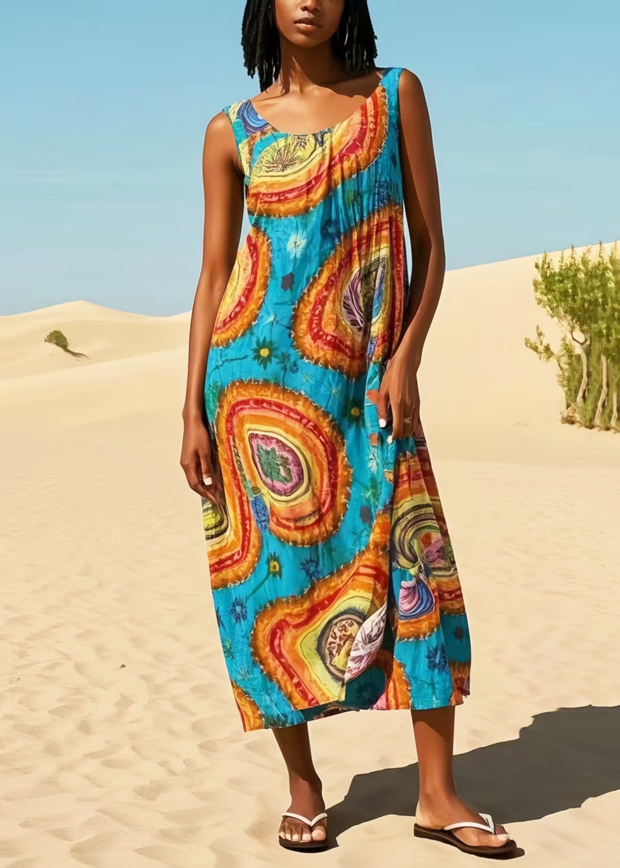Casual Blue Oversized Print Cotton Maxi Dresses Summer