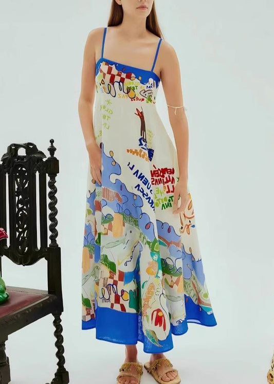 Casual Blue Patchwork Maxi Spaghetti Strap Dresses Sleeveless