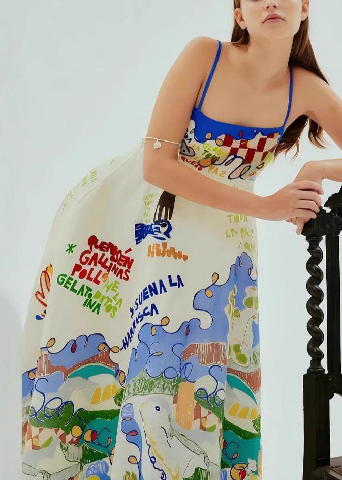 Casual Blue Patchwork Maxi Spaghetti Strap Dresses Sleeveless