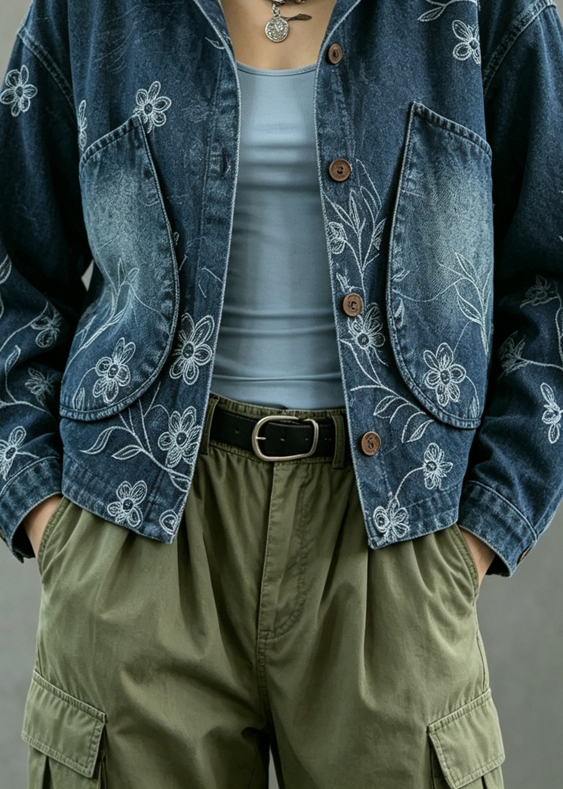 Casual Blue Peter Pan Collar Pockets Print Denim Coat Fall
