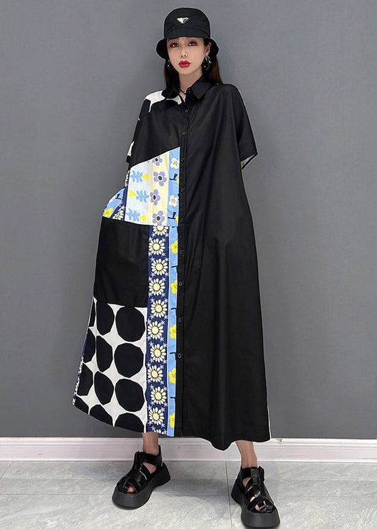 Casual Blue Peter Pan Collar Print Dresses Short Sleeve