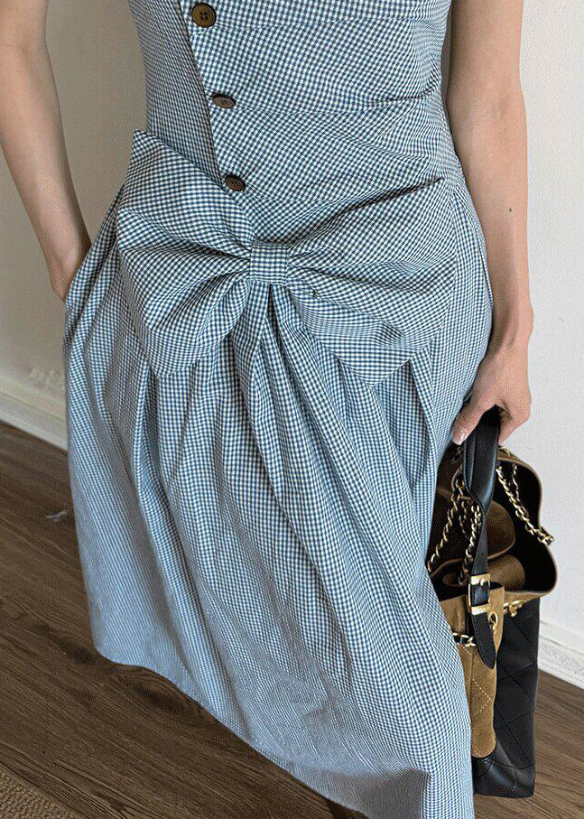 Casual Blue Plaid Wrinkled Bow Cotton Maxi Dresses Short Sleeve