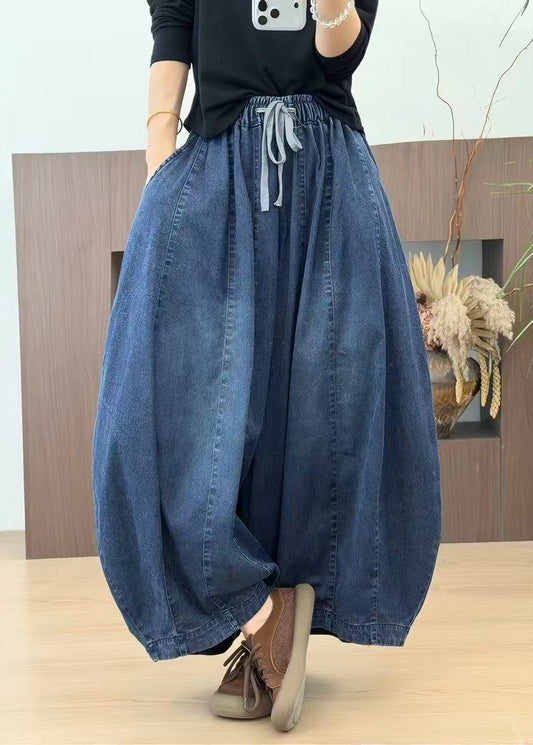 Casual Blue Pockets Drawstring Denim Lantern Crop Pants Fall