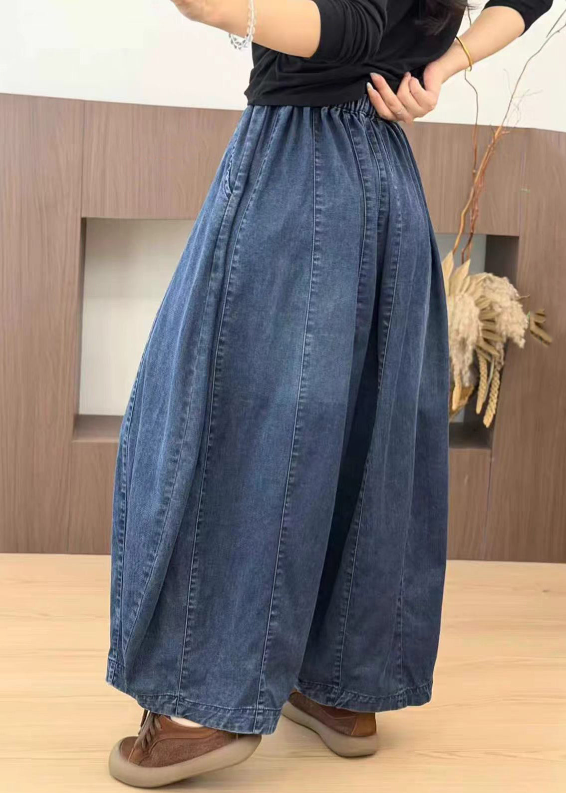 Casual Blue Pockets Drawstring Denim Lantern Crop Pants Fall