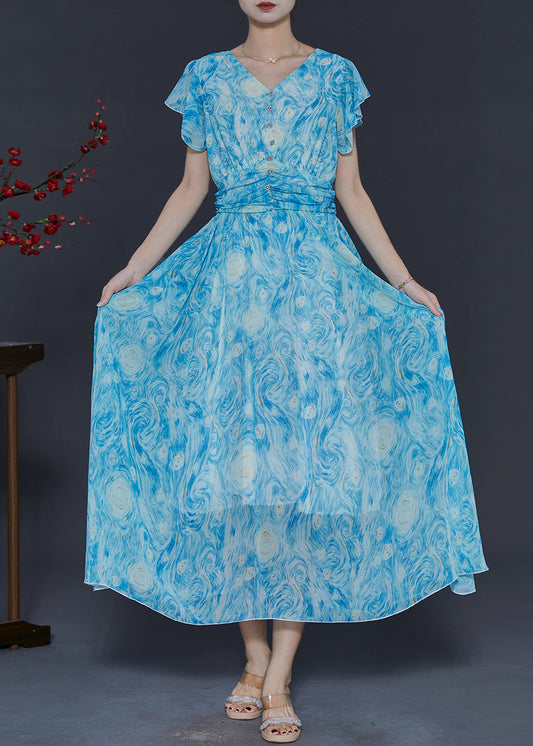 Casual Blue Print Chiffon Beach Dress Butterfly Sleeve