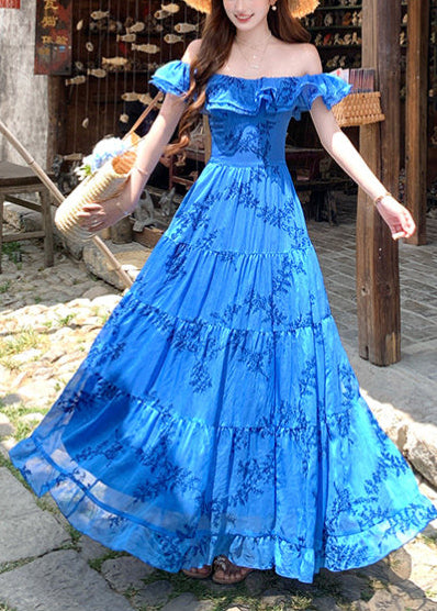 Casual Blue Ruffled Print Cotton Holiday Dress Summer