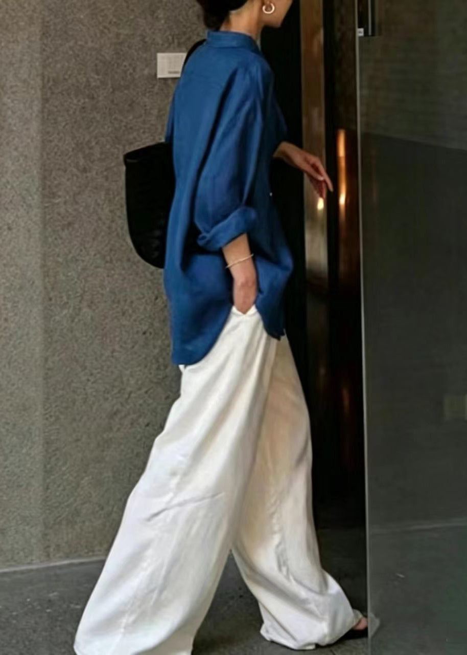 Casual Blue Shirt Collar Blouse Top Long Sleeve