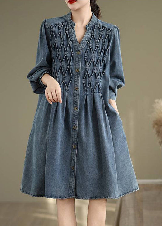 Casual Blue Stand Collar Button Long Dress Lantern Sleeve