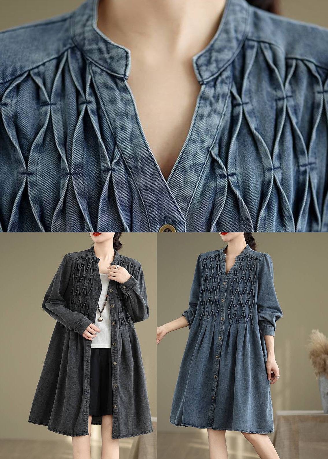 Casual Blue Stand Collar Button Long Dress Lantern Sleeve
