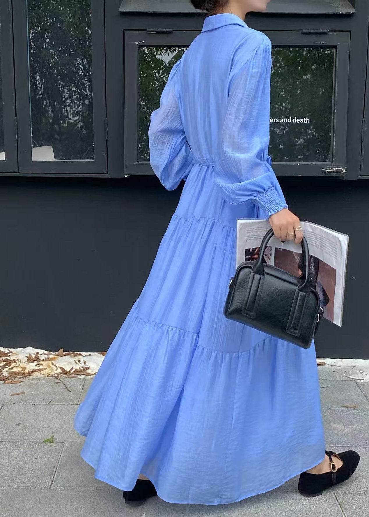 Casual Blue Tie Waist Exra Large Hem Cotton Shirt Dresses Fall