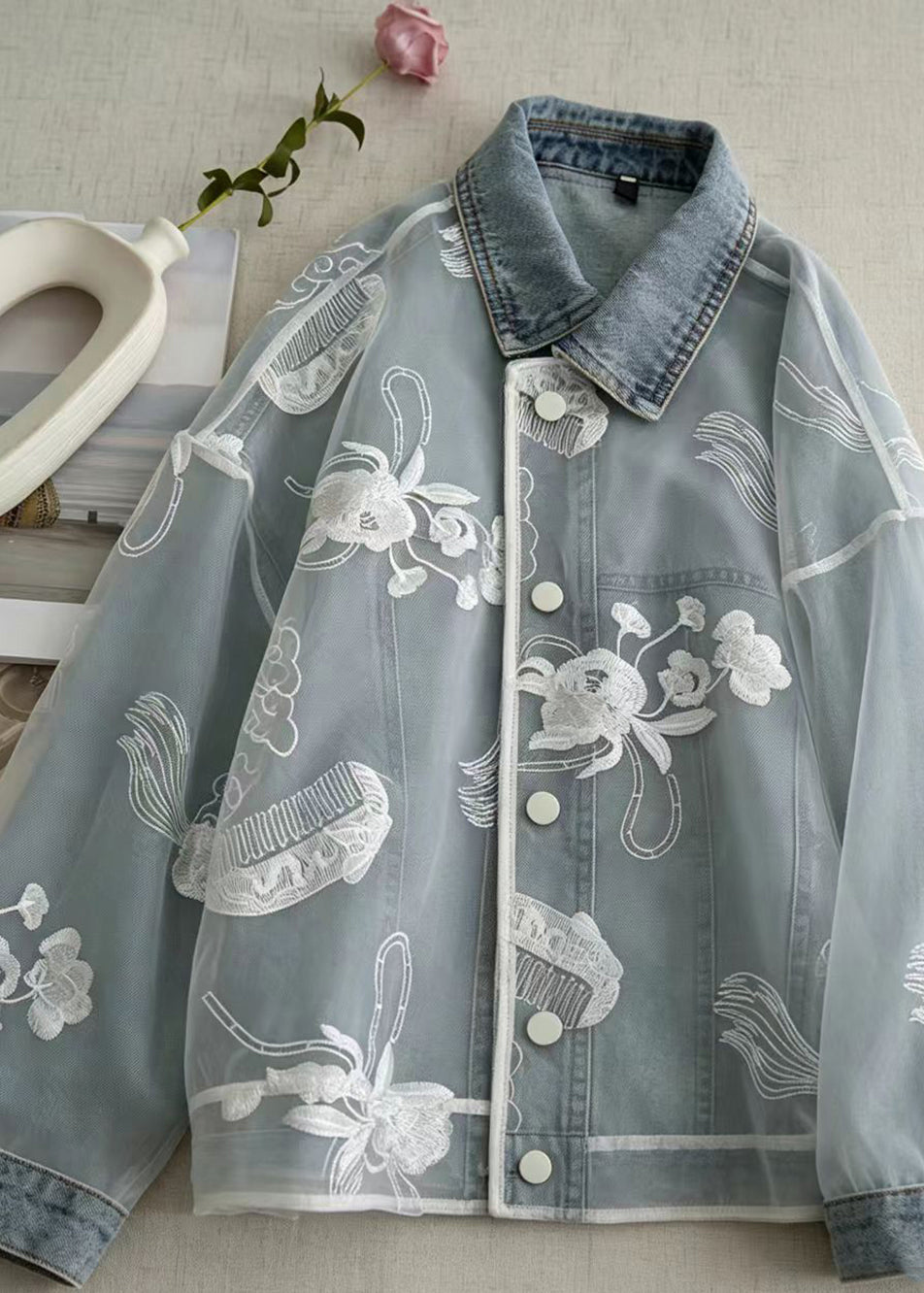Casual Blue Turn-Down Collar Tulle Pockets Denim Jacket Fall