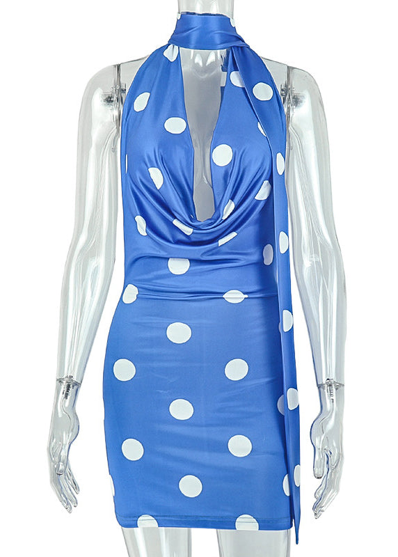 Casual Blue Turtle Neck Print Cotton Wraped Dress Summer