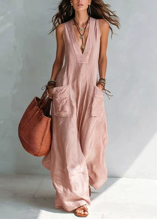 Casual Blue V Neck Pockets Jumpsuit Sleeveless