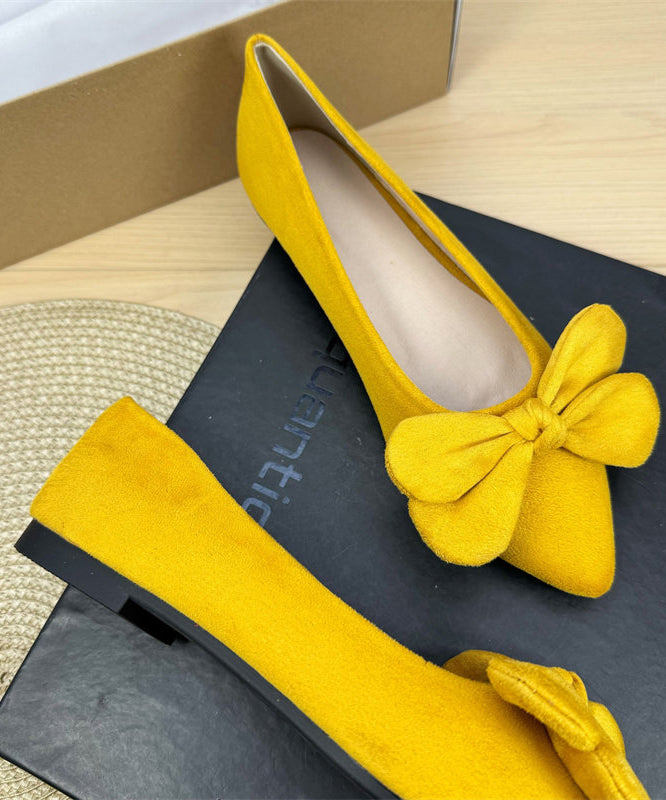 Casual Bow Splicing Flat Shoes For Women Yellow Suede