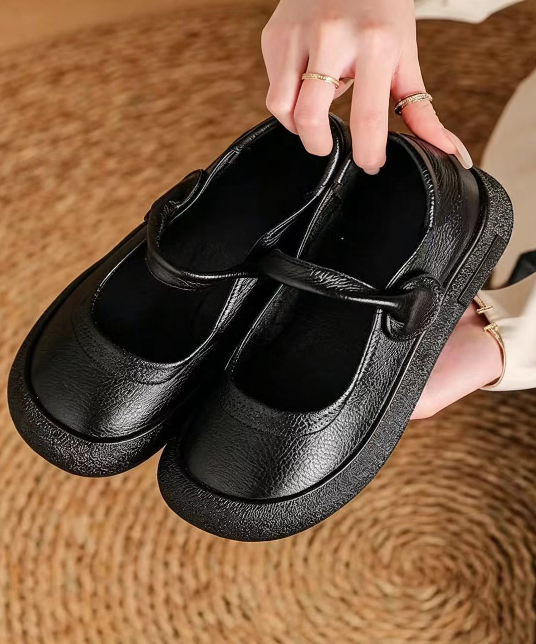 Casual Brown Buckle Strap Cowhide Leather Flat Shoes