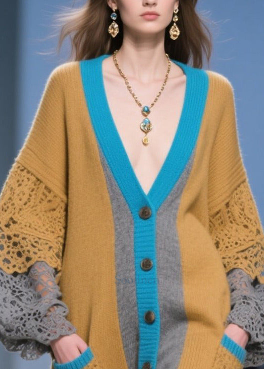 Casual Brown Oversized Patchwork Lace Knit Cardigans Fall