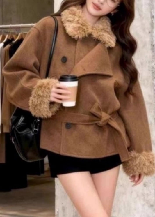 Casual Brown Peter Pan Collar Tie Waist Thick Woolen Coats Long Sleeve