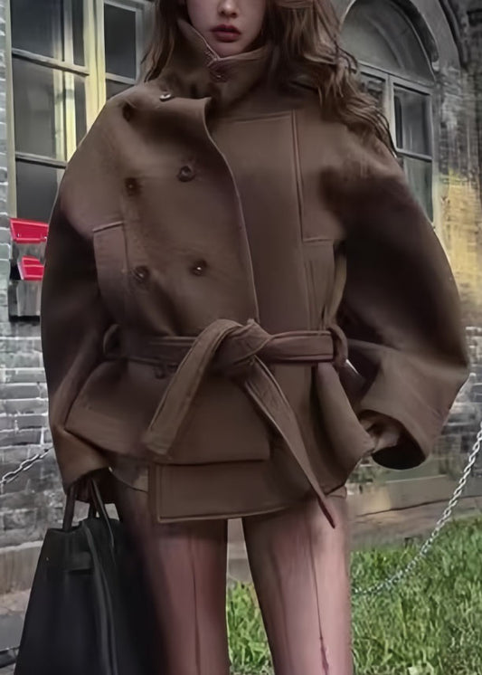 Casual Brown Stand Collar Button Woolen Coats Long Sleeve