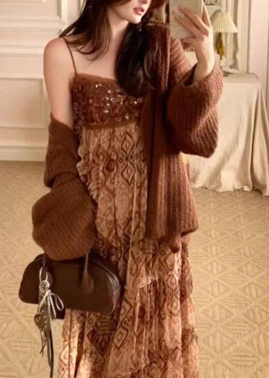 Casual Brown V Neck Knit Cardigans And Long Spaghetti Strap Dress Two Piece Set Spring