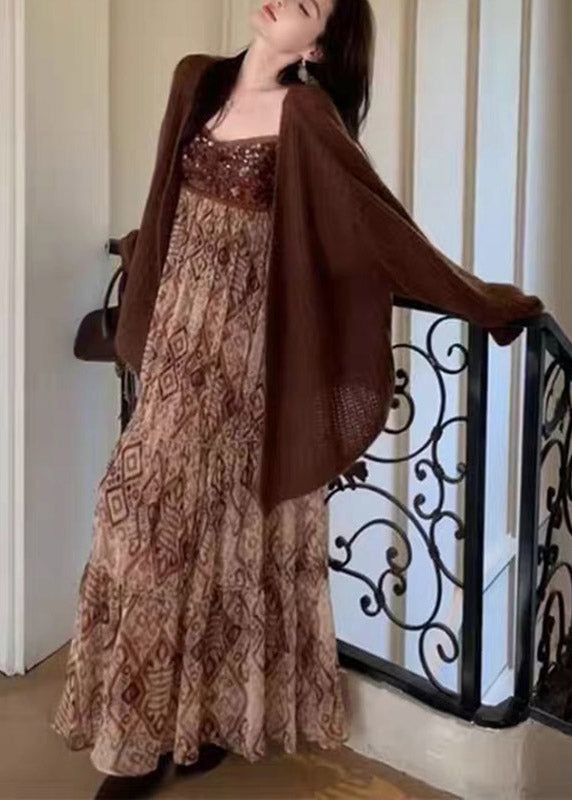 Casual Brown V Neck Knit Cardigans And Long Spaghetti Strap Dress Two Piece Set Spring