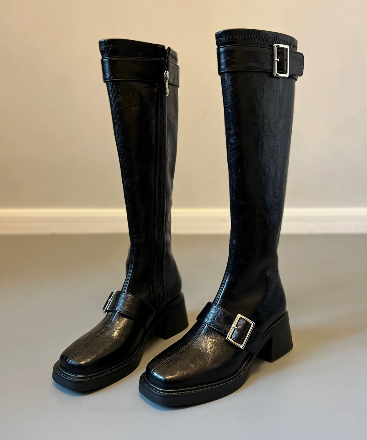 Casual Buckle Strap Chunky Boots Black Cowhide Leather