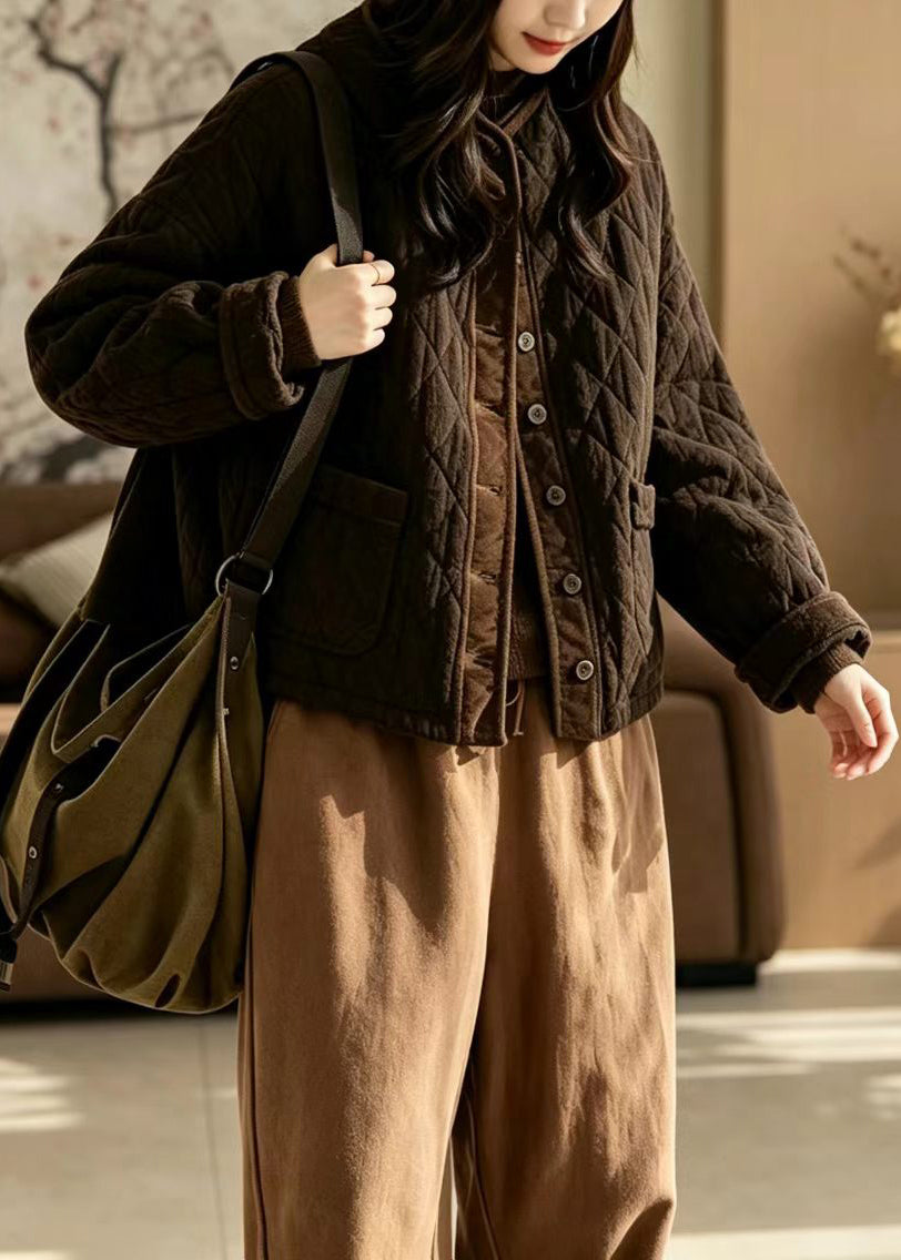 Casual Coffee O-Neck Cotton Filled Jackets Winter