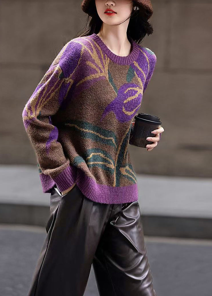 Casual Coffee O-Neck Jacquard Knit Sweater Long Sleeve