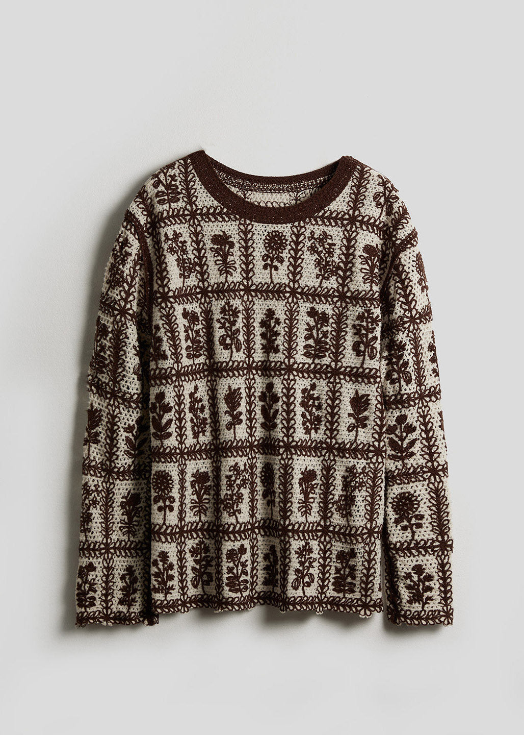 Casual Coffee O-Neck Print Cotton Knit Sweater Long Sleeve