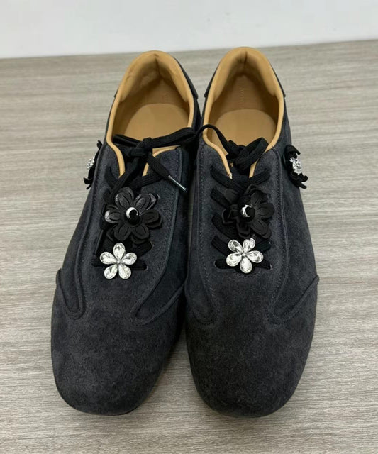 Casual Coffee Suede Floral Lace Up Flats Shoes