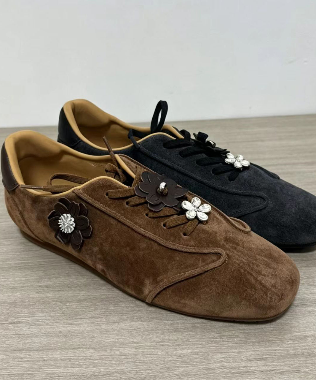 Casual Coffee Suede Floral Lace Up Flats Shoes