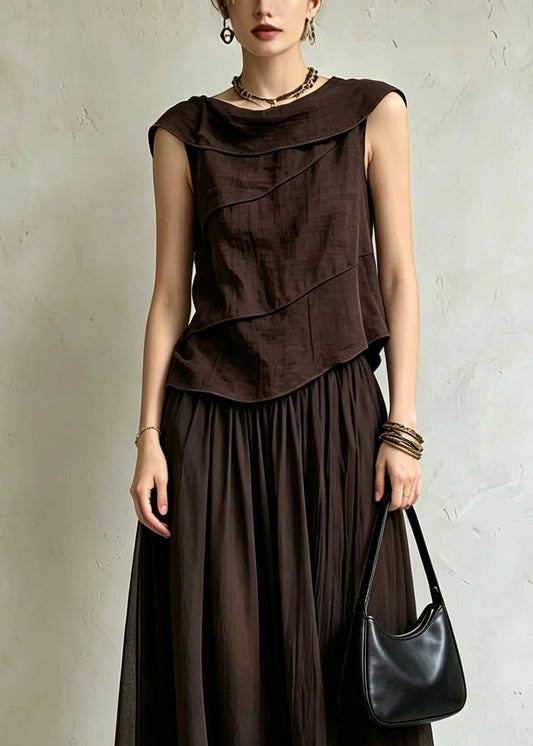 Casual Coffee Top And Maxi Skirts Silk Cotton Two Pieces Set Summer
