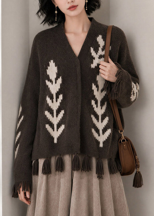 Casual Coffee V Neck Print Tassel Cotton Knitted Cardigans Fall