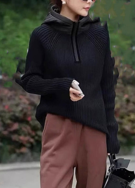 Casual Coffee Zippered Patchwork Hooded Knit Pullover Long Sleeve