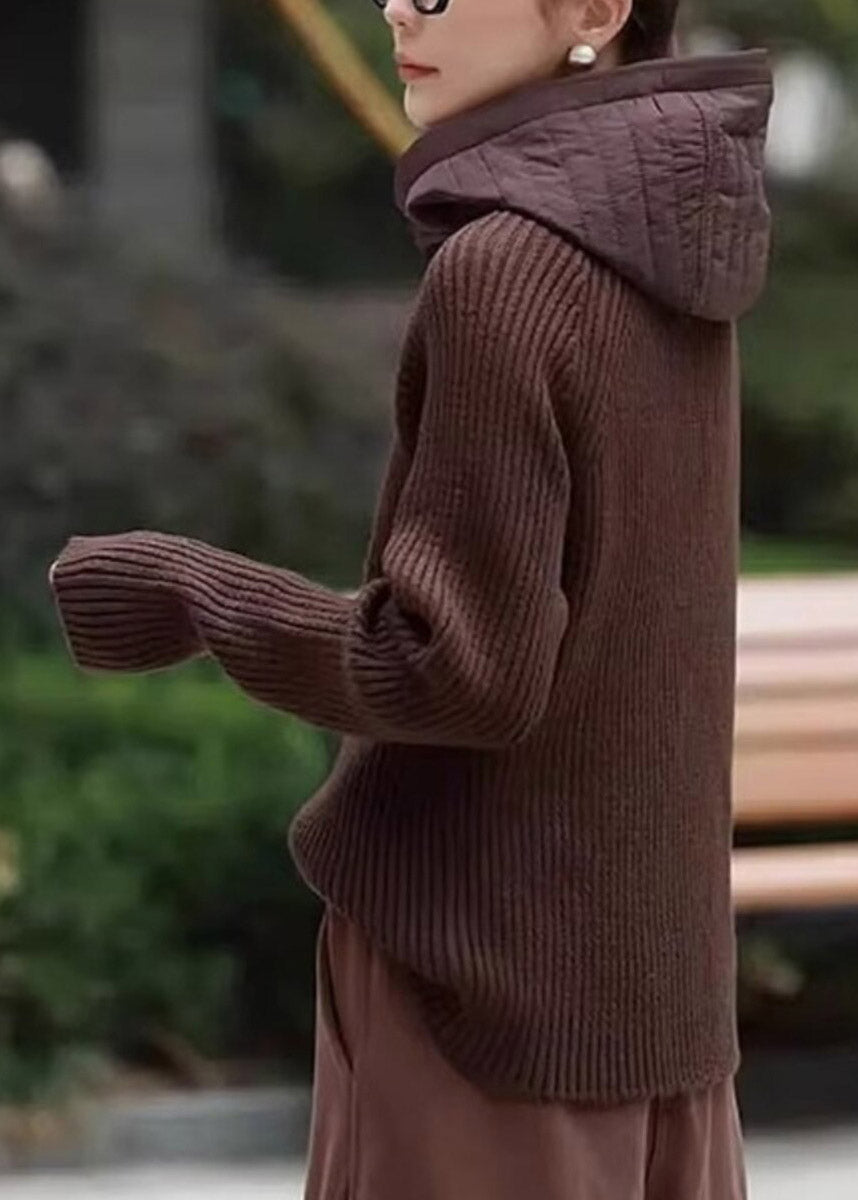 Casual Coffee Zippered Patchwork Hooded Knit Pullover Long Sleeve