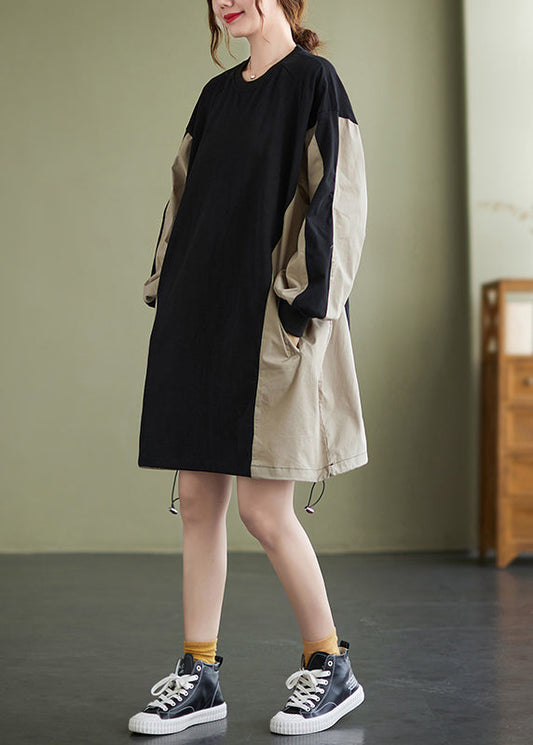 Casual Colorblock Patchwork Drawstring Sweatshirt Dress Long Sleeve