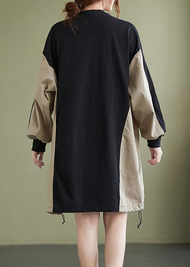 Casual Colorblock Patchwork Drawstring Sweatshirt Dress Long Sleeve