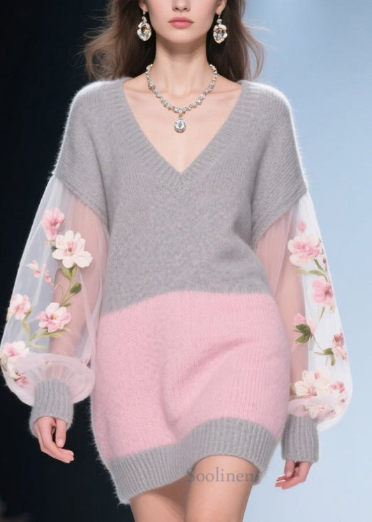 Casual Colorblock Tulle Floral Patchwork Knit Sweater Dress Fall