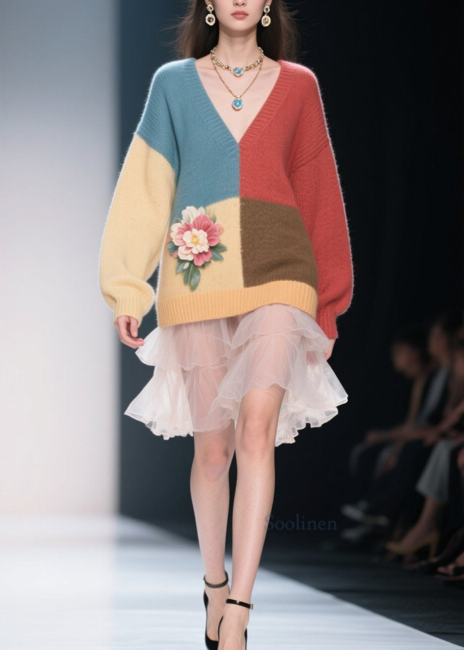 Casual Colorblock V Neck Floral Knit Sweater Dress Fall