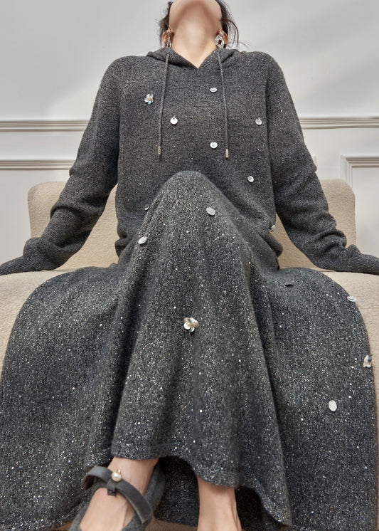 Casual Dark Gray Hooded Sequins Knit Two Pieces Set Winter