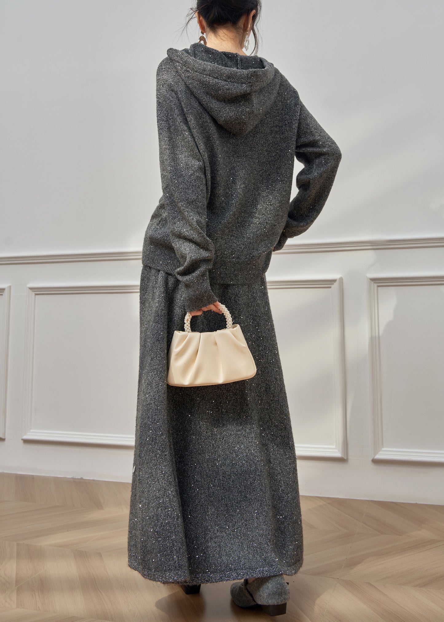 Casual Dark Gray Hooded Sequins Knit Two Pieces Set Winter