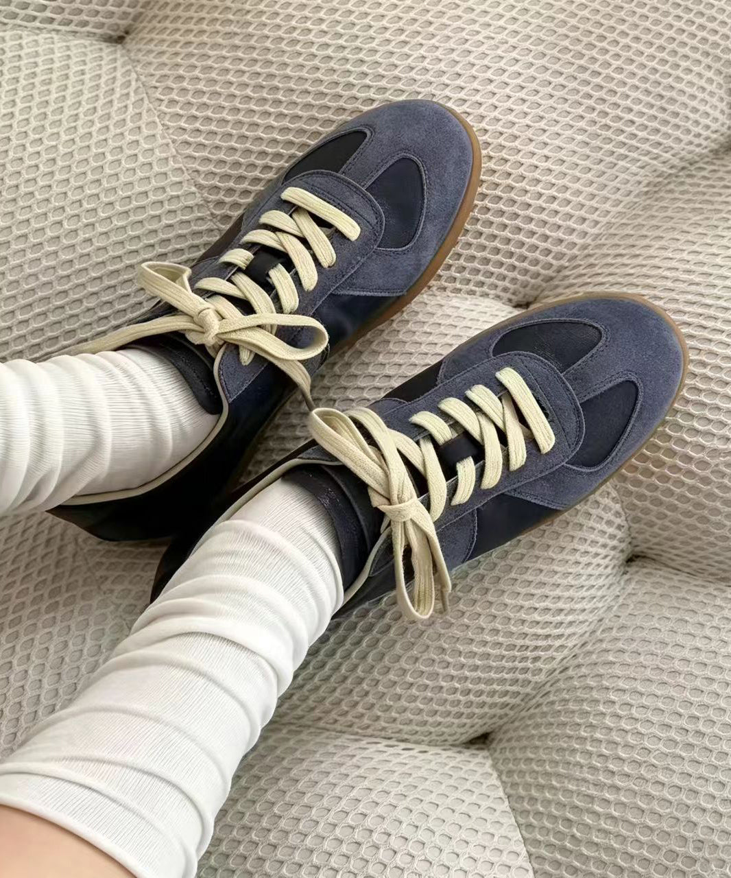 Casual Deep Blue Lace Up Splicing Suede Sneakers