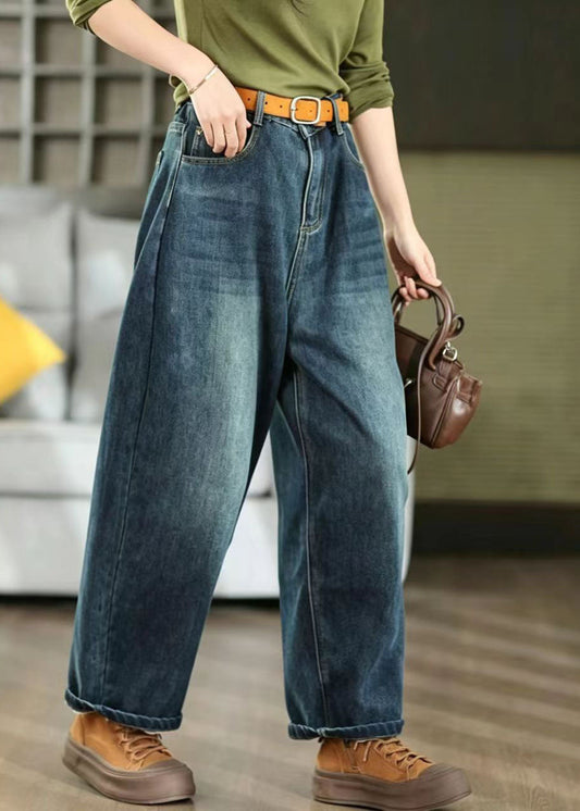 Casual Denim Blue Oversized Pockets Harem Pants Fall