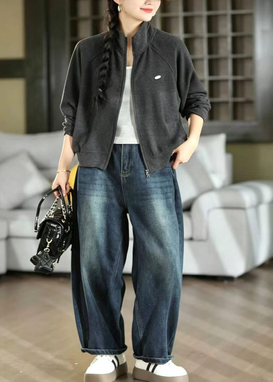 Casual Denim Blue Oversized Pockets Harem Pants Fall