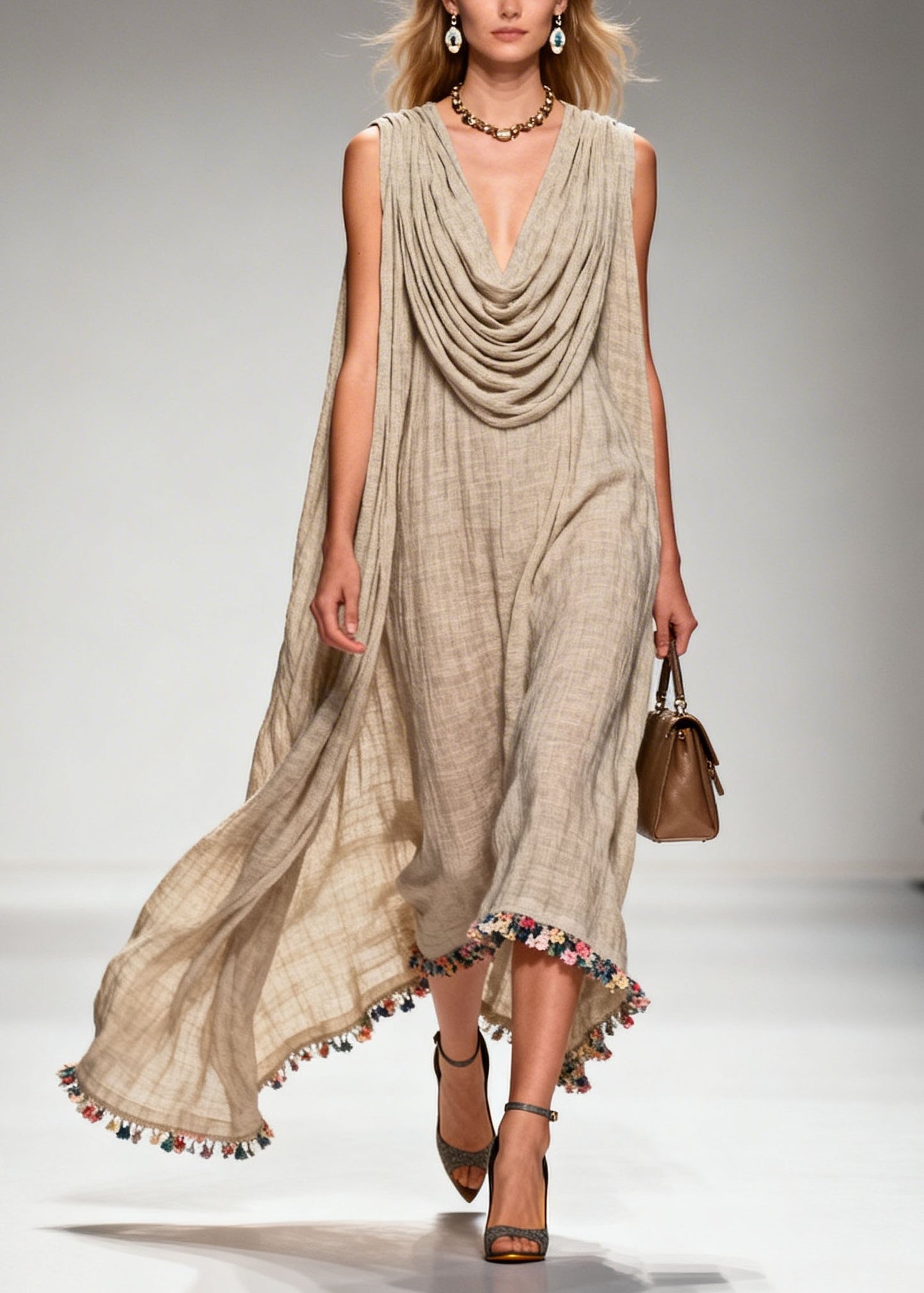 Casual Draped Neckline Floral Patchwork Linen Dress Sleeveless