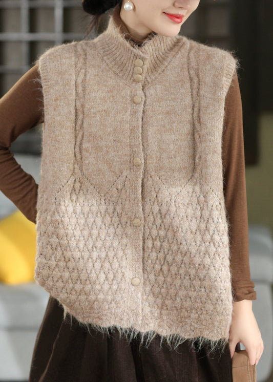 Casual Green Button Solid Cotton Knit Waistcoat Sleeveless