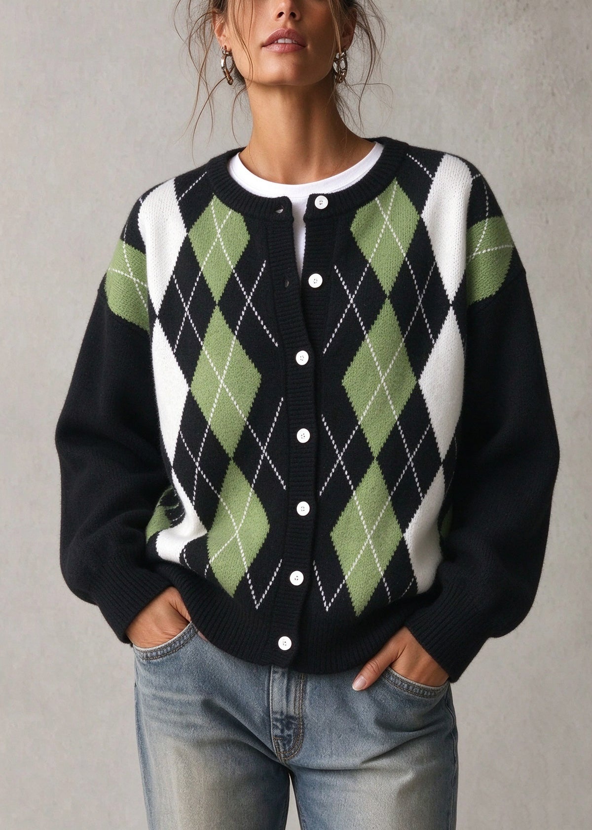 Casual Green O Neck Plaid Button Knit Cardigan Fall