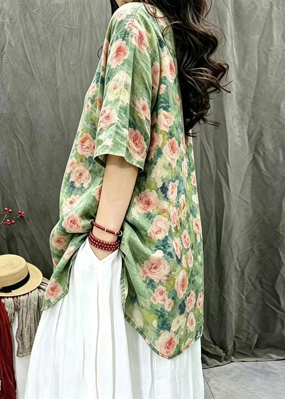 Casual Green Print O-Neck Long Blouses Bracelet Sleeve
