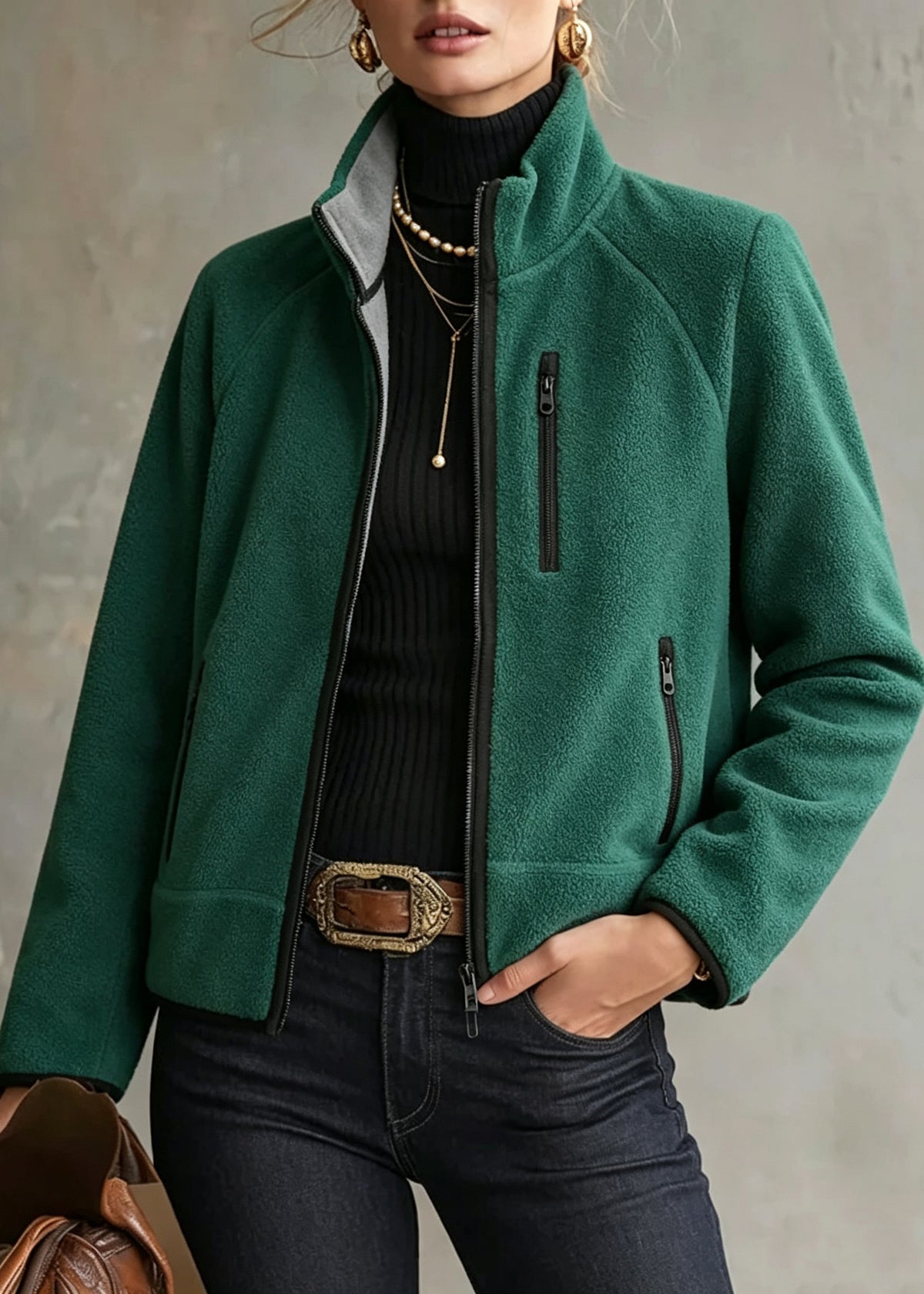 Casual Green Stand Collar Zippered Patchwork Coat Long Sleeve