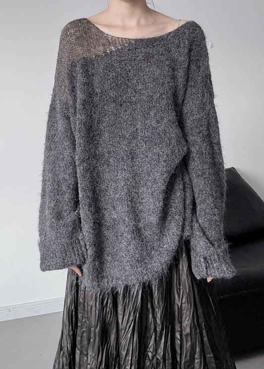 Casual Grey Asymmetrical Hollow Out Knit Sweater Winter