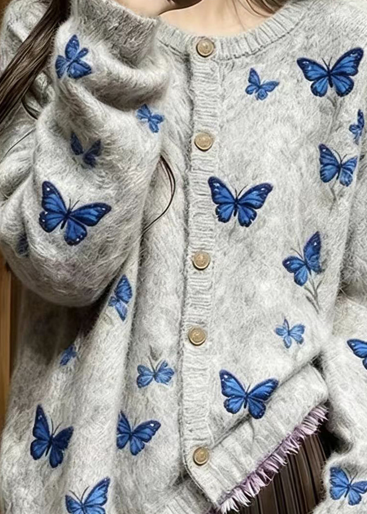 Casual Grey Embroidered Butterfly Mink Hair Knitted Cardigans Fall